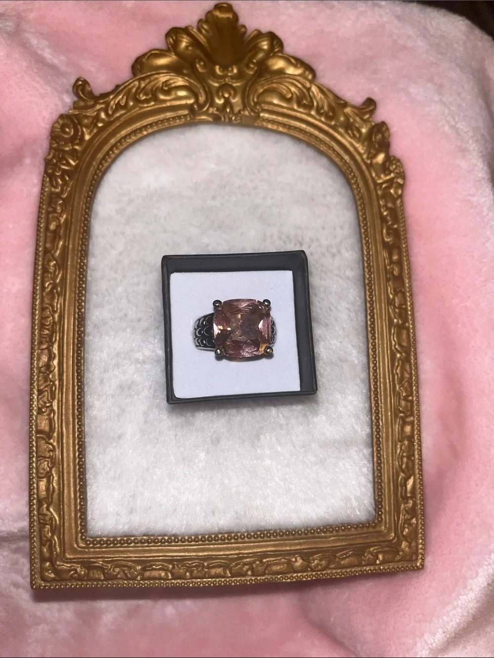Rose Pink Cushion-Cut Ring in Dark Silver Band